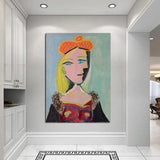 Hand Painted Oil Painting Picasso Woman wearing orange beret and fur collar (Mary Tres) Abstract Canvas
