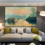 Hand Painted Claude Monet Sunset Woods Creek Sunshine Canvas Oil Painting Room Painting Abstract Decoratio