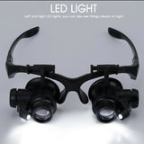 2LEDs Magnifier Eye Glasses Head-Mounted Illuminating Magnifying Glass 10X 15X 20X 25X 8pcs Lens for Jewelers Watchmaker Repair