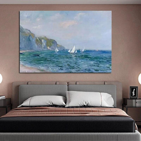 Hand Painted Monet Cliffs and Sailboats at Pourville 1882 Classic Abstract Landscape Wall Art Oil Painting Room Decoration