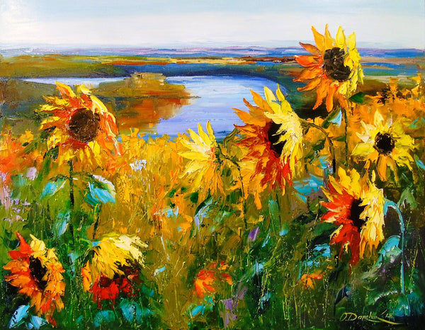 Beautiful Decorative Painting  Sunflowers near the river
