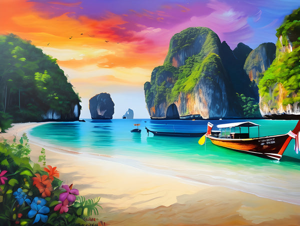 AI art colorful painting of Maya Bay beach Phi Phi Islands Thailand 2