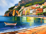 KI-Kunst, farbenfrohes Gemälde vom Strand Spiaggia Grande, Positano, Italien 2