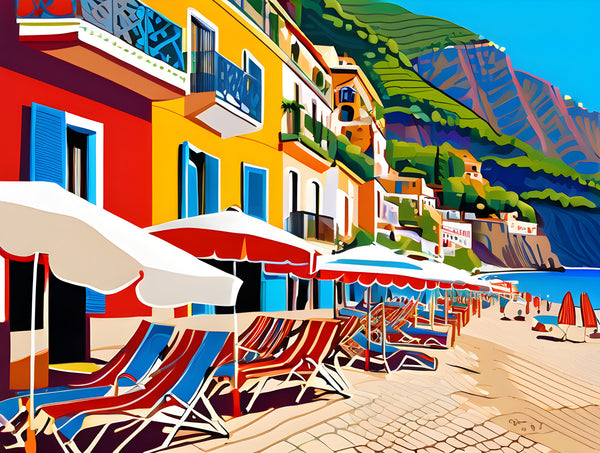 AI art colorful painting of Spiaggia Grande beach Positano Italy 1