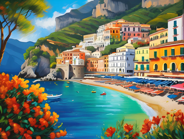 AI art colorful painting of amalfi coast beach Italy 3