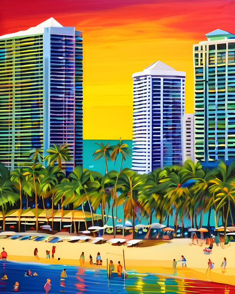 AI art colorful painting of waikiki beach Honolulu Hawaii USA 3