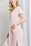 Heimish Full Size Horizontalis Stripe Side Slit V-Collum Dress