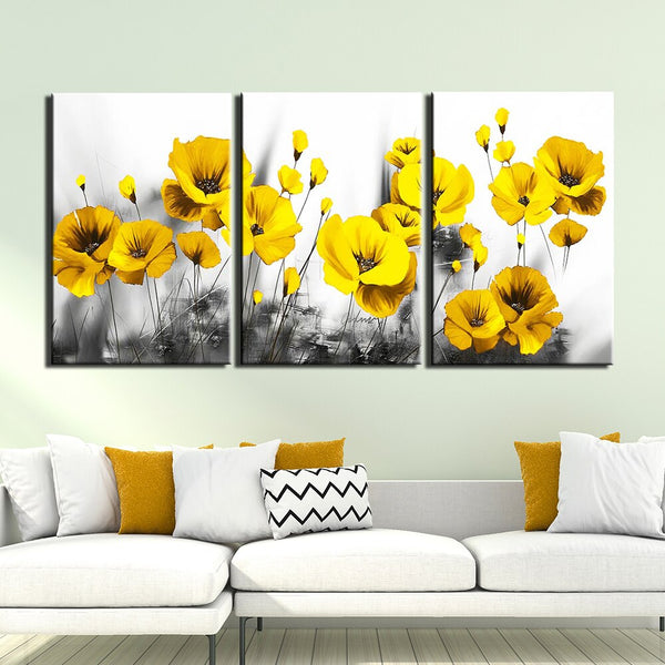 3 Panel HQ Canvas print Painting yellow poppy flower WITH FRAME