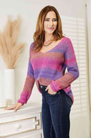 Double Take višebojni pleteni pulover s rebrastim V-izrezom