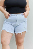 RISEN Katie Full Size High Waisted Distressed Shorts hauv Ice Blue