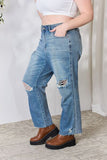 Blaue Judy-Jeans in voller Größe mit geradem Used-Look und ungesäumtem Saum