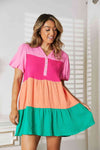 Dobbelt Take Color Block Buttoned Puff Sleeve Dress