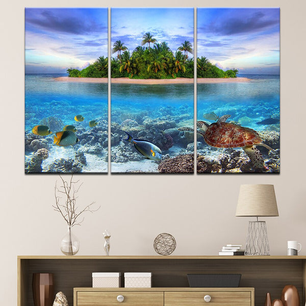 3 Pieces Underwater Sea Fish Turtle Reefs HQ Canvas print WITH FRAME