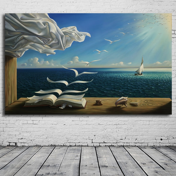 The Waves Book Sailboat Salvador Dali by Kush FRAME AVAILABLE HQ Canvas Print
