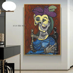 لوحة بيكاسو الشهيرة مرسومة باليد، امرأة جالسة، فستان أزرق من القماش، ديكور فني غربي، جدار فني