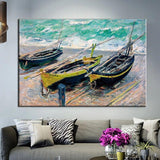 Monet Tre Fiskebåtar Handmålad Canvas Målning Väggkonst Paintingatio