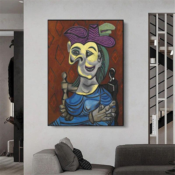 Hand Painted Abstract Picasso Dora Mar in Blue Cheongsam Figures Oil Paintings Wall Art Canvas