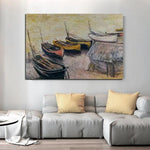סירות מפורסמות של Monet מצוירות ביד על החוף 1883 ציור אמנות קיר נוף מודרני מופשט