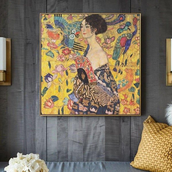Hand Painted Hand Gustav Klimt Lady with Fan Oil Painting made on Canvas Wall Art