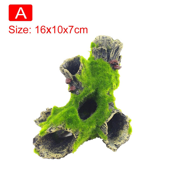 Aquarium Decor Resin Tree Hole Fish Play Hideout Cave with Lifelike Moss Simulation Decoration View Fish Tank Ornament