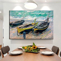 Monet três barcos de pesca pintados à mão pintura em tela pintura de arte de parede