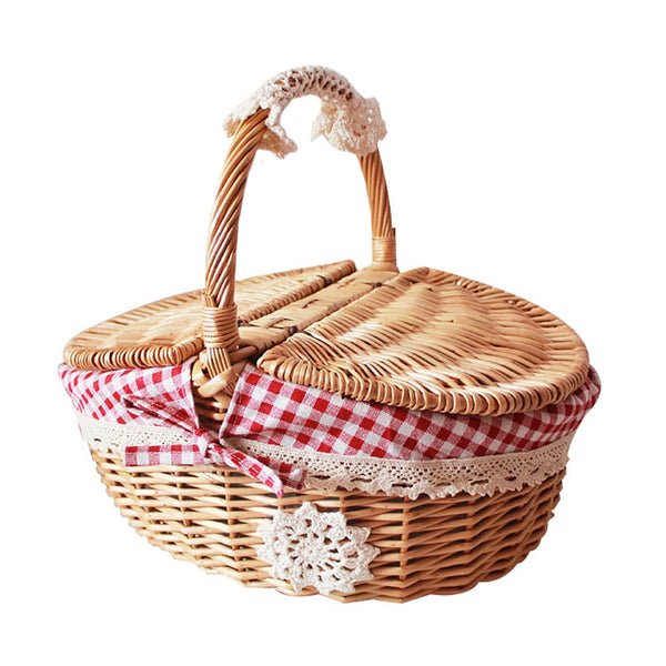 Willow Woven Picnic Basket Double-Lid Lining Outdoor Camping Rattan Weaving Storage Hamper Fruit Food Carrier Basket