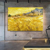 Ranka nupieštas Van Gogo kombainas rugių aliejaus paveiksle ant drobės impresionistinis sienų menas