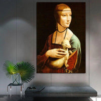 គំនូរប្រេងលាបដៃ Da Vinci ដ៏ល្បីល្បាញ Ermine Woman Canvas Wall Art for Home