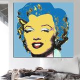 Pictat manual faimosul Andy Warhol, albastru, galben, portret de personaj feminin, picturi abstracte în ulei, decor modern, artă de perete
