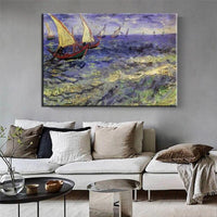 Rankomis tapytas Van Gogo jūros vaizdas, burės drobė, tapyba sienos menas, impresionistinis dekoras