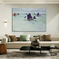 Vaixells de pesca de Monet pintats a mà a Pourville 1882 Pintura a l'oli abstracta amb vista al mar Decoració artística