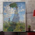 Kézzel festett nő napernyős vászonnal Claude Monet impresszionista falfestményei otthoni fali dekorációhoz