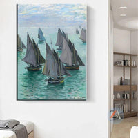 Hand Painted Artist's Garden By Monet Fishing Boats Calm Sea 1868 Canvas Oil Paintings Wall Art Decoration