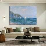 Hand Painted Monet Cliffs and Sailboats at Pourville 1882 Classic Abstract Landscape Wall Art Oil Painting Room Decoration