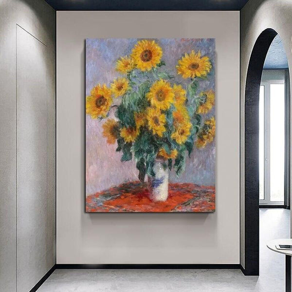 Hand Painted Monet Impression Bouquet of Sunflowers 1880 Abstract Art Oil Paintings Entrance Decoration