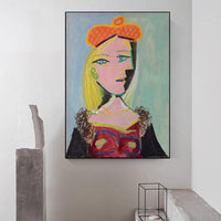 Peintures à l'huile peintes à la main Picasso femme portant un béret orange et un col de fourrure (Mary Tres) Art mural sur toile abstrait