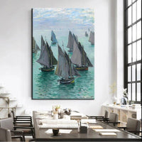Rankomis tapytas dailininko sodas, autorius Monet Žvejybos laivai Rami jūra 1868 m. drobė, aliejiniai paveikslai, sienų meno puošyba