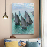 Rankomis tapytas dailininko sodas, autorius Monet Žvejybos laivai Rami jūra 1868 m. drobė, aliejiniai paveikslai, sienų meno puošyba