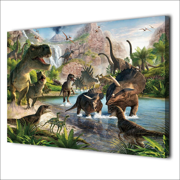 Jurassic Jungle Dinosaur Birds Painting Wall Picture Living Room WITH FRAME HQ Canvas Print