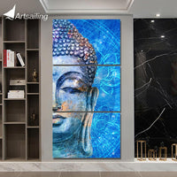 3 Panelová Hlava Pána Budhu s Lotosovým plátnom Modrý akvarel S RÁMOM Obraz na plátne HQ