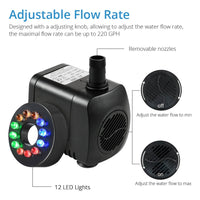 Submersible Fountain Water Pump with 12 Color LED Light for Fish Tank Aquarium Pond Pool Water Pump Decoration 15W 800L/H
