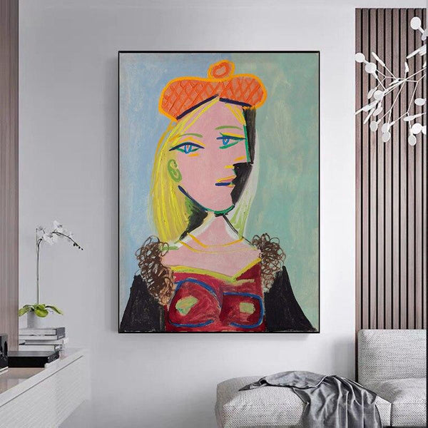 Hand Painted Oil Paintings Picasso Woman wearing orange beret and fur collar (Mary Tres) Abstract Canvas Wall Art