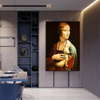 අතින් පින්තාරු කරන ලද තෙල් සිතුවම් Da Vinci ප්‍රසිද්ධ Ermine Woman Canvas Wall Art for Home