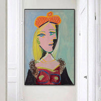 Man Pentritaj Oleaj Pentraĵoj Picasso Virino portanta oranĝan bireton kaj felan kolumon (Mary Tres) Abstrakta Tolo Mura Arto