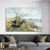 Pintura al óleo famosa de Van Gogh pintada a mano, barcos de pesca en la costa de San Madilamo, lienzo, decoración artística de pared