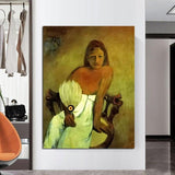 Hand Painted Oil Painting Paul Gauguin Girl with Fan Abstract Nordic Classic Retro Room Decor