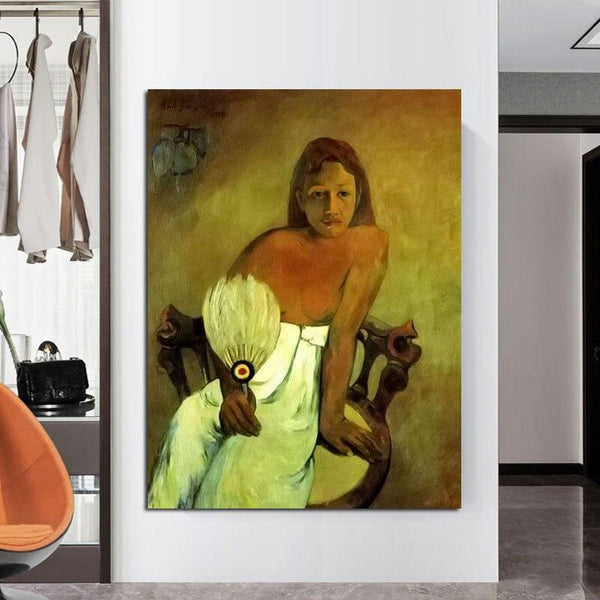 Hand Painted Oil Painting Paul Gauguin Girl with Fan Abstract Nordic Classic Retro Wall Art Room Decor