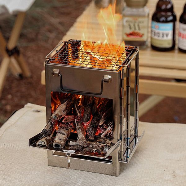 Mini Outdoor Firewood Stove Camping Cooking Equipment Folding Stove Wood Steel Travel Charcoal Furnace for Barbeque