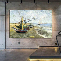 Pintura al óleo famosa de Van Gogh pintada a mano, barcos de pesca en la costa de San Madilamo, lienzo, decoración artística de pared