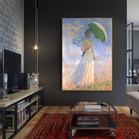 Kézzel festett impresszionista olajfestmények Claude Monet nő napernyővel, falfestmény Híres vászon dekoráció